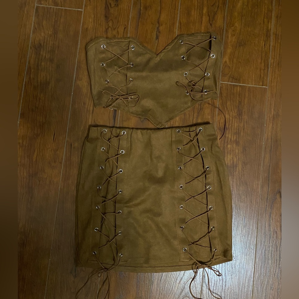 Suede Two piece lace up Western Set Mini Skirt and Strapless